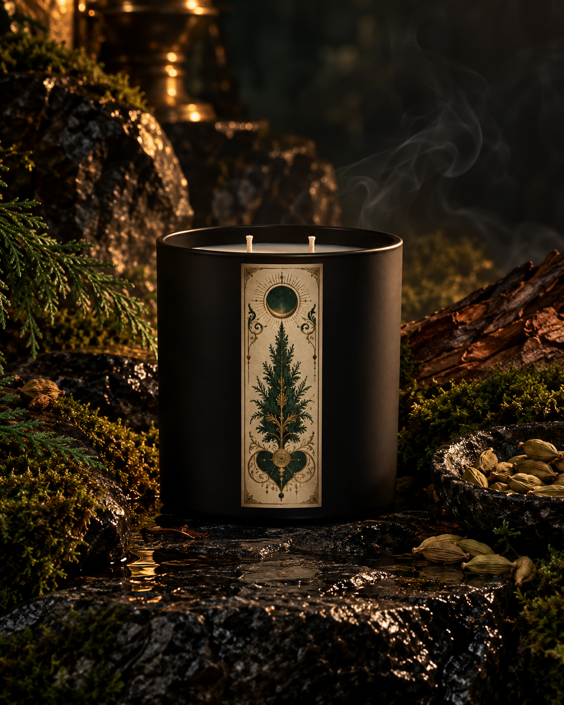 Black matte Dirty Bong Water candle staged in a dark, mossy forest